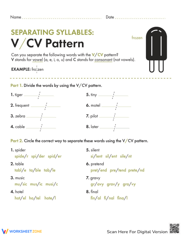 Worksheet demonstrating the separation of V/CV pattern syllables for first graders
