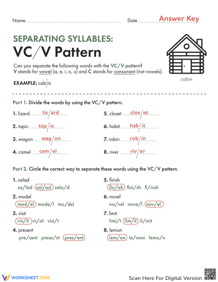 Worksheet for practicing syllable separation using the V/CV pattern