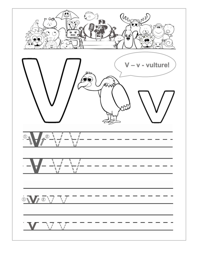 Engaging learning resource for Pre-K children focusing on the letter V and fun coloring exercises V Is For... worksheet designed for preschoolers to enhance their alphabet skills and letter V sounds through coloring activities