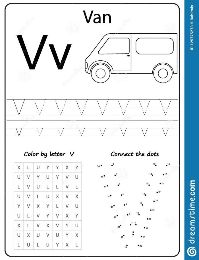 Reading worksheet for Pre-K Worksheet featuring the letter V designed for preschoolers to learn and color. Fun and interactive V Is For... worksheet for early reading skills.