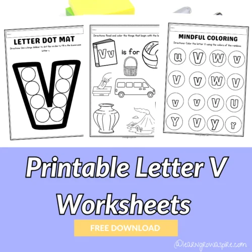 Reading worksheet for Pre-K Colorful "V Is For..." worksheet designed for preschoolers to learn the letter V. Engaging alphabet activity for Pre-K children to practice letter sounds while coloring.