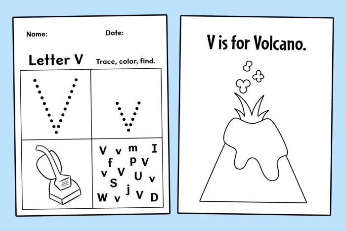 Reading worksheet for Pre-K Worksheet featuring the letter V to help preschoolers learn and color. V Is For... educational coloring page for early reading skills.