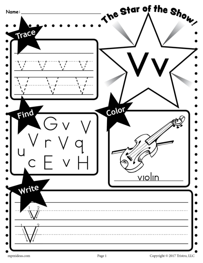 Reading worksheet for Pre-K Colorful V Is For... worksheet designed for preschoolers to learn and practice the letter V sounds. Engaging image showcasing an educational activity for Pre-K children.