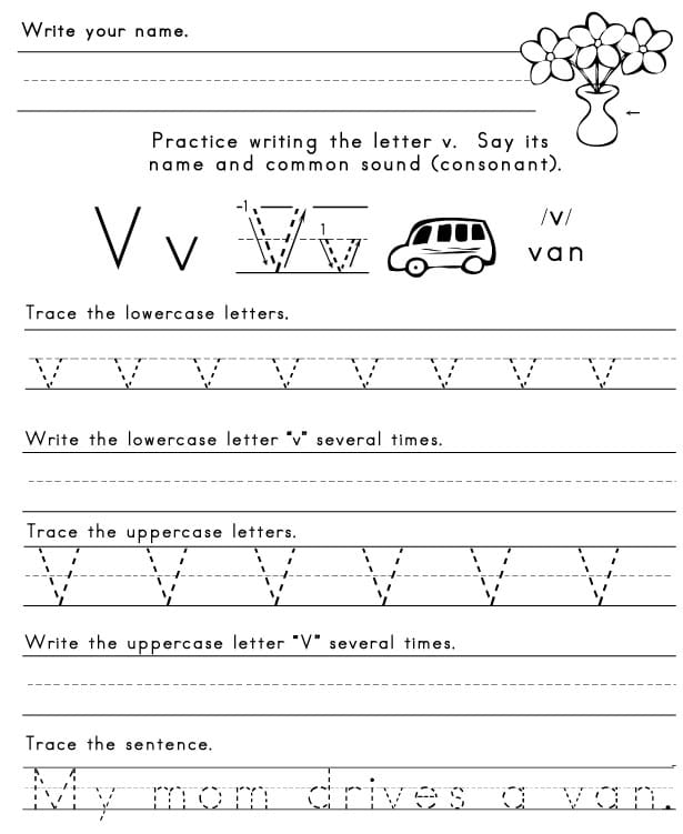 Fun V Is For... worksheet to enhance alphabet skills in Pre-K children Worksheet featuring the letter V for preschool learning and coloring activities