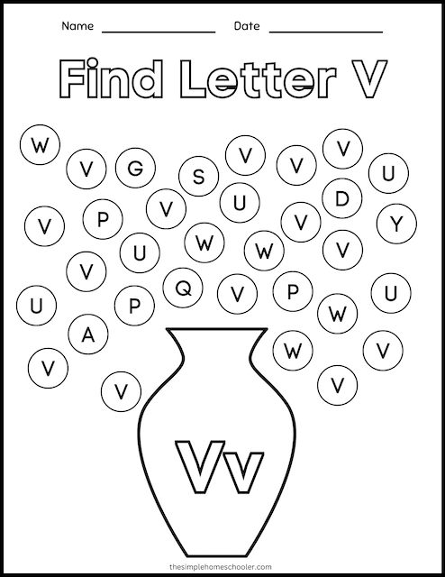 Engaging alphabet activity sheet featuring the letter V for Pre-K students Colorful V Is For... worksheet for preschoolers to learn and practice the letter V sounds