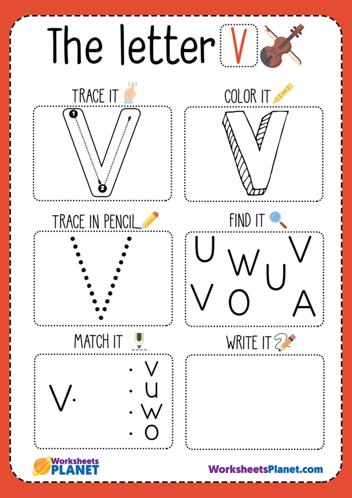 Reading worksheet for Pre-K Colorful 'V Is For...' worksheet designed for preschoolers to enhance their alphabet skills. Engaging activity for young learners focusing on the letter V sounds.