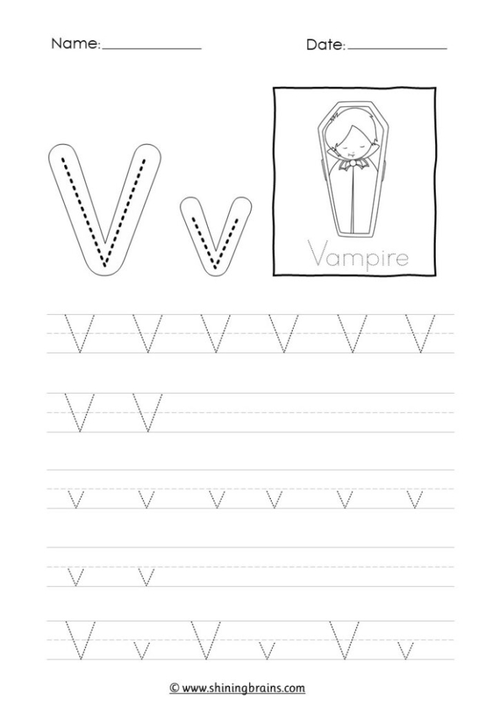 Worksheet image for tracing the letter V in geometry activities for young learners Practice Tracing the Letter V worksheet for Pre-K kids to enhance fine motor skills