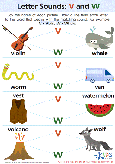 Pre-K worksheet helping children practice beginning sounds by coloring words starting with V and W
