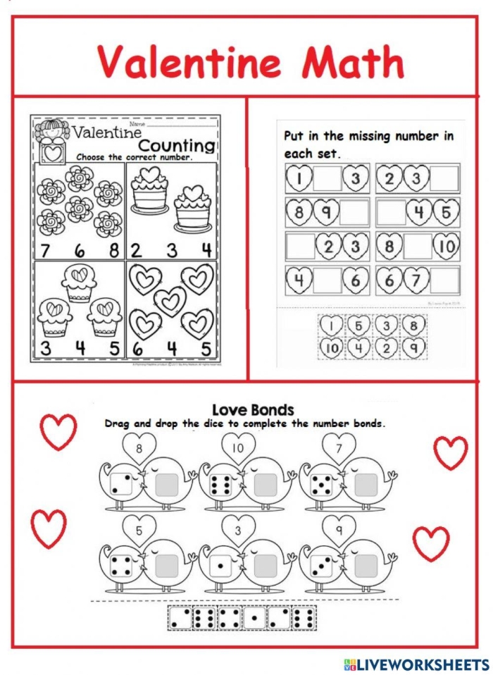 First grade Valentine's Day addition worksheet with kisses used as manipulatives to solve math problems