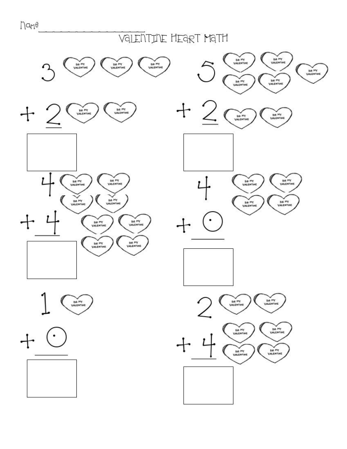 First grade math worksheet with Valentine theme featuring addition problems using chocolate kiss graphics