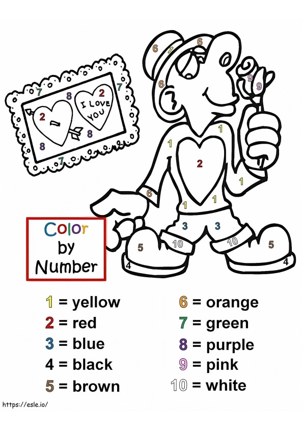 A preschooler coloring a valentine-themed worksheet with numbered sections to color by number