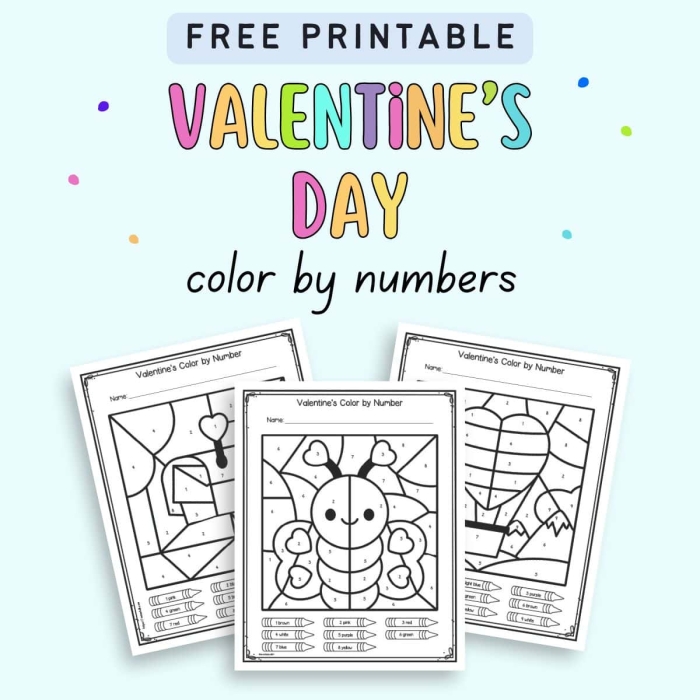 Pre-K Valentine color-by-number worksheet with simple geometric shapes for holiday learning