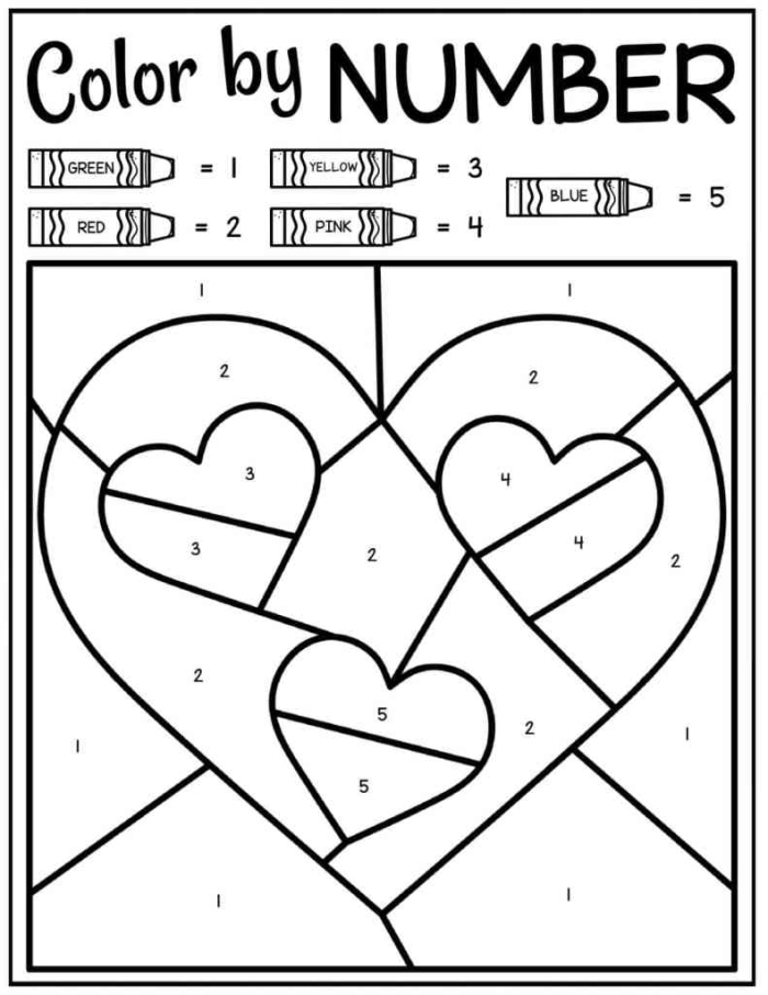 Valentine color-by-number worksheet for preschoolers featuring heart shapes and numbers to color