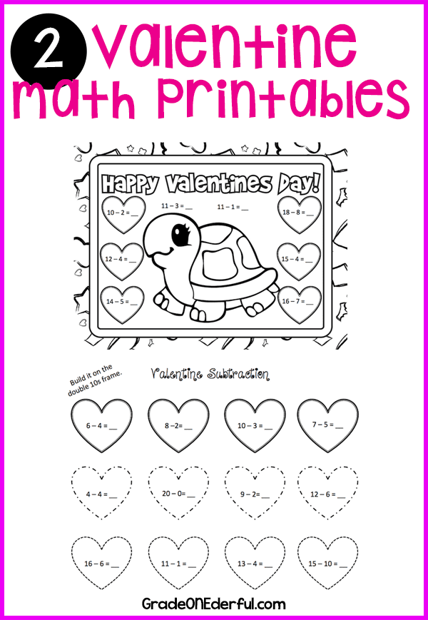 First grade Valentine math worksheet with addition problems featuring candy kiss graphics