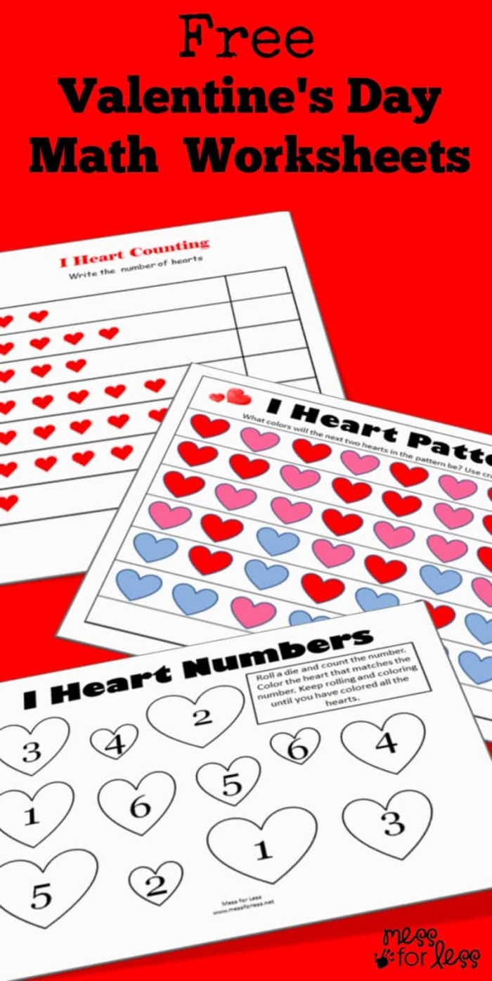 First grade math worksheet featuring addition problems with chocolate kiss themed graphics for Valentine Day
