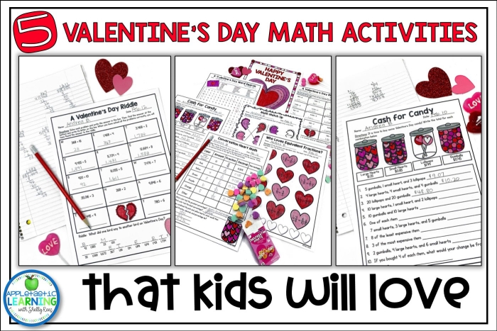 First grade Valentine's Day addition worksheet with kiss candies used as manipulatives to solve math problems