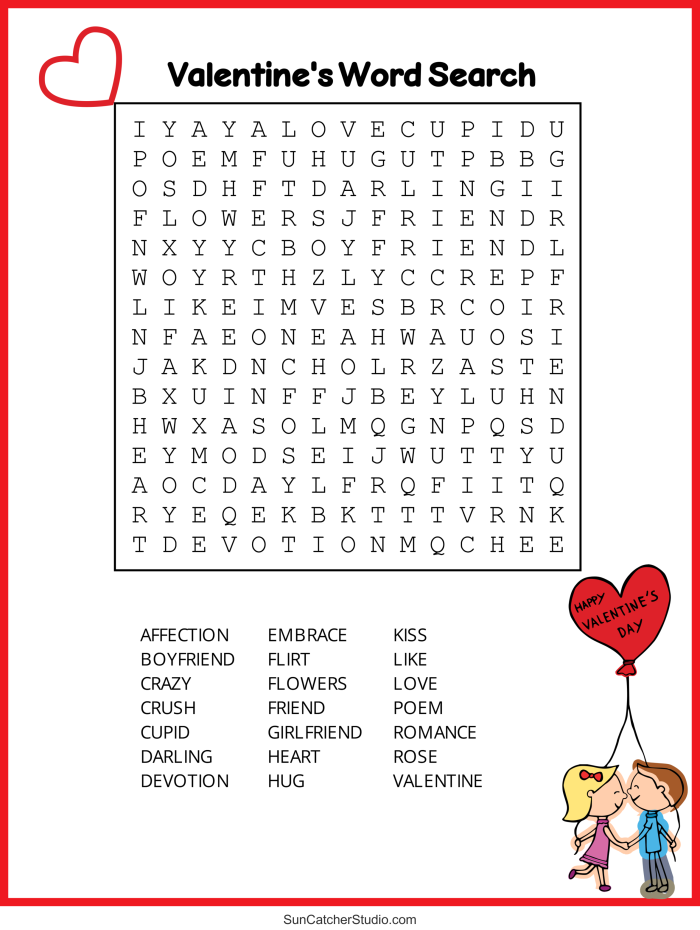 Colorful Valentine's Day Word Search worksheet for third graders to enhance vocabulary skills