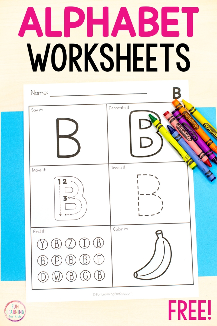 Colorful Valentine's Day-themed worksheet for teaching the alphabet to kindergarten students
