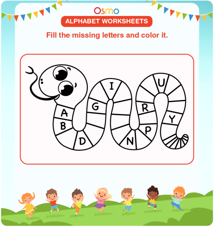 Colorful Valentine's Day-themed worksheet for kindergarteners learning the alphabet