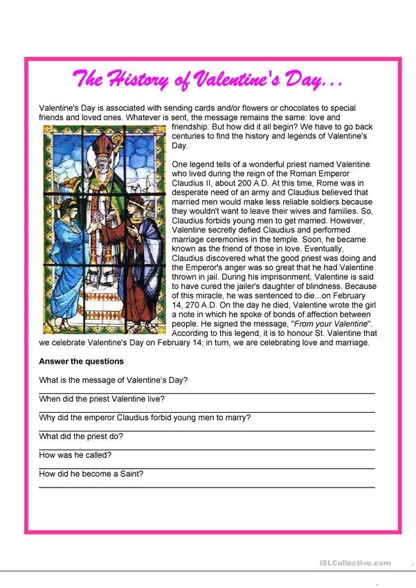 Fifth grade history of Valentine Day worksheet featuring historical facts and activity prompts