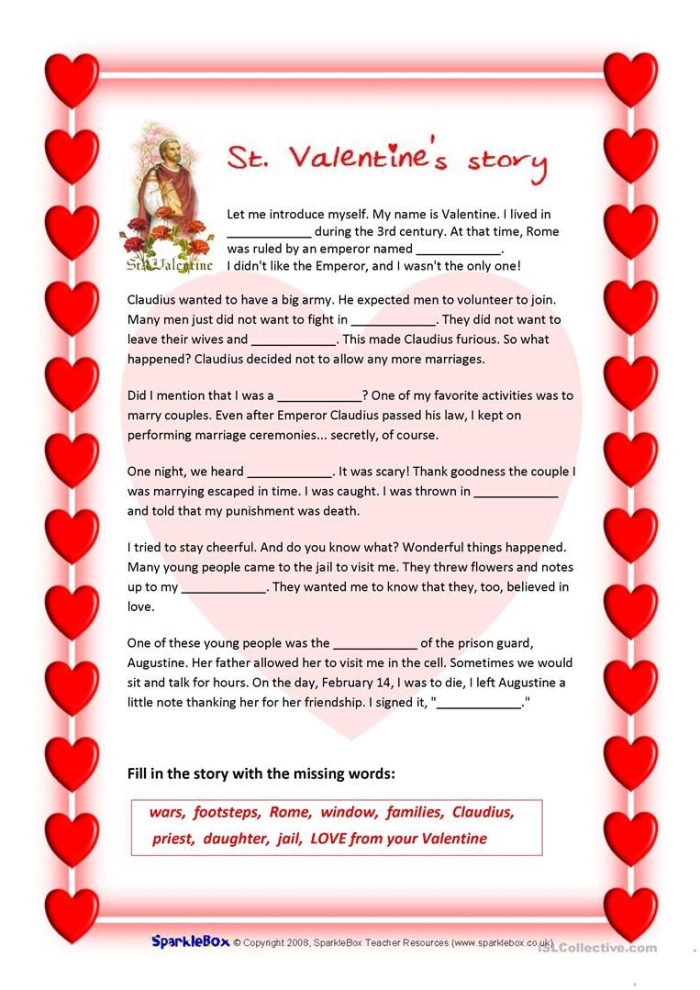 Worksheet exploring the origins and traditions of Valentine's Day for fifth graders