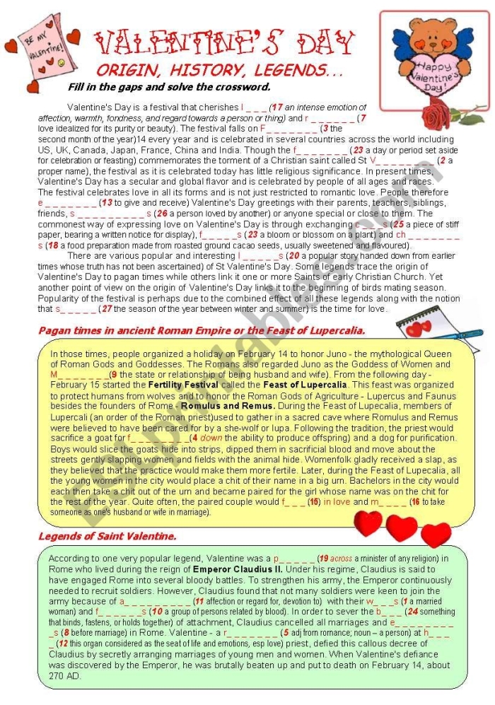 Worksheet exploring the origins and traditions of Valentine's Day for fifth graders