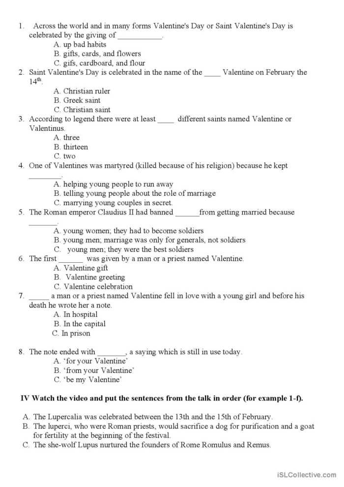 Fifth grade history of Valentine's Day worksheet showing colorful holiday graphics