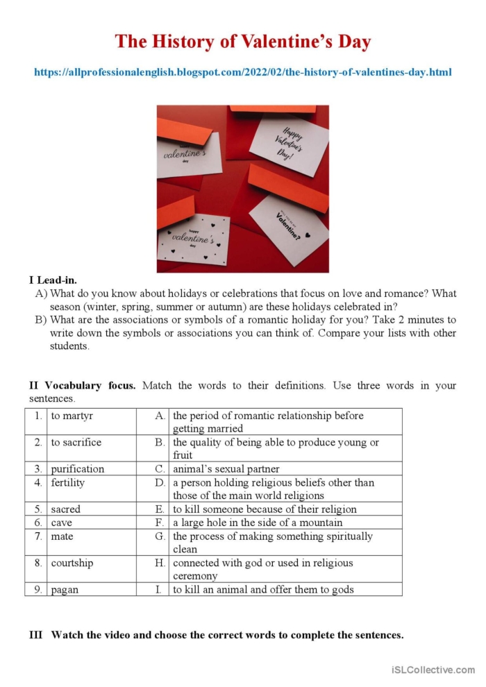 Worksheet exploring the history of Valentine's Day for fifth-grade students