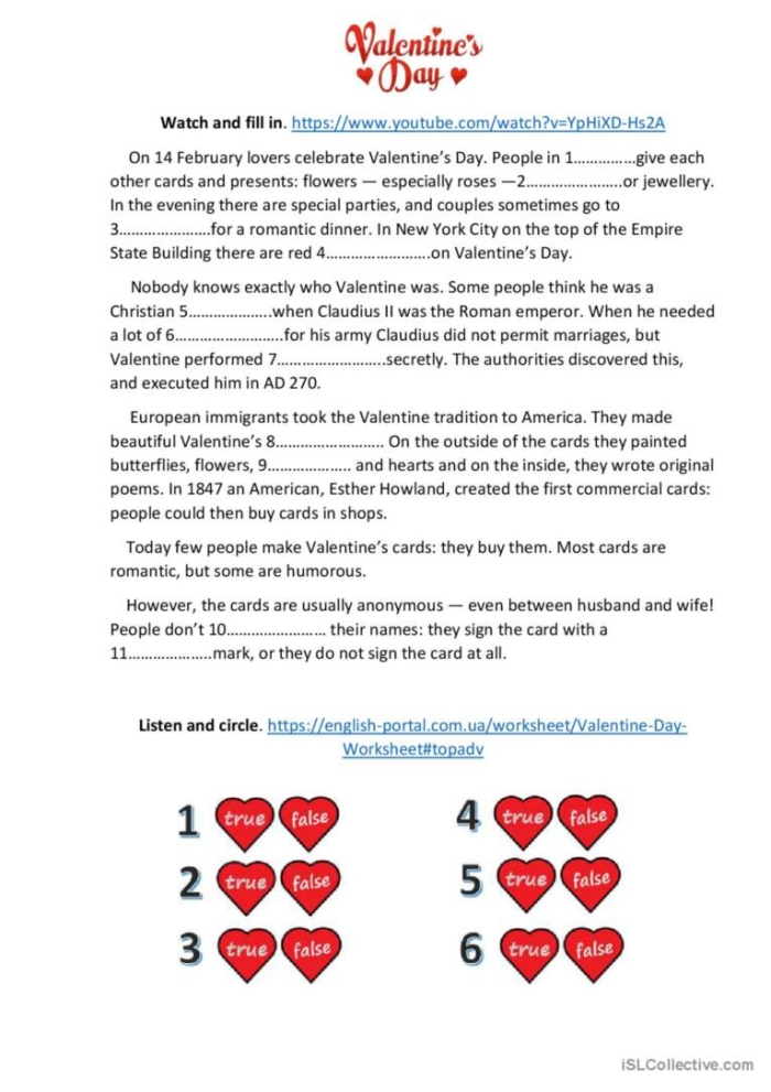 Worksheet exploring the history of Valentine's Day for fifth graders