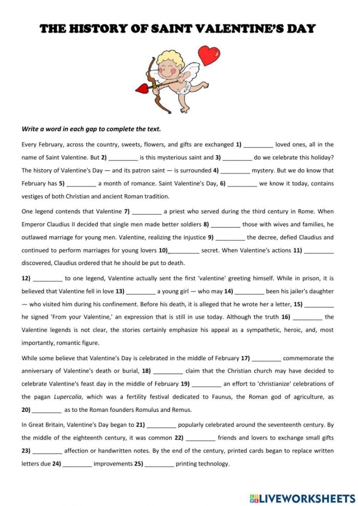 Fifth grade students reading a worksheet about the historical origins of Valentine Day traditions