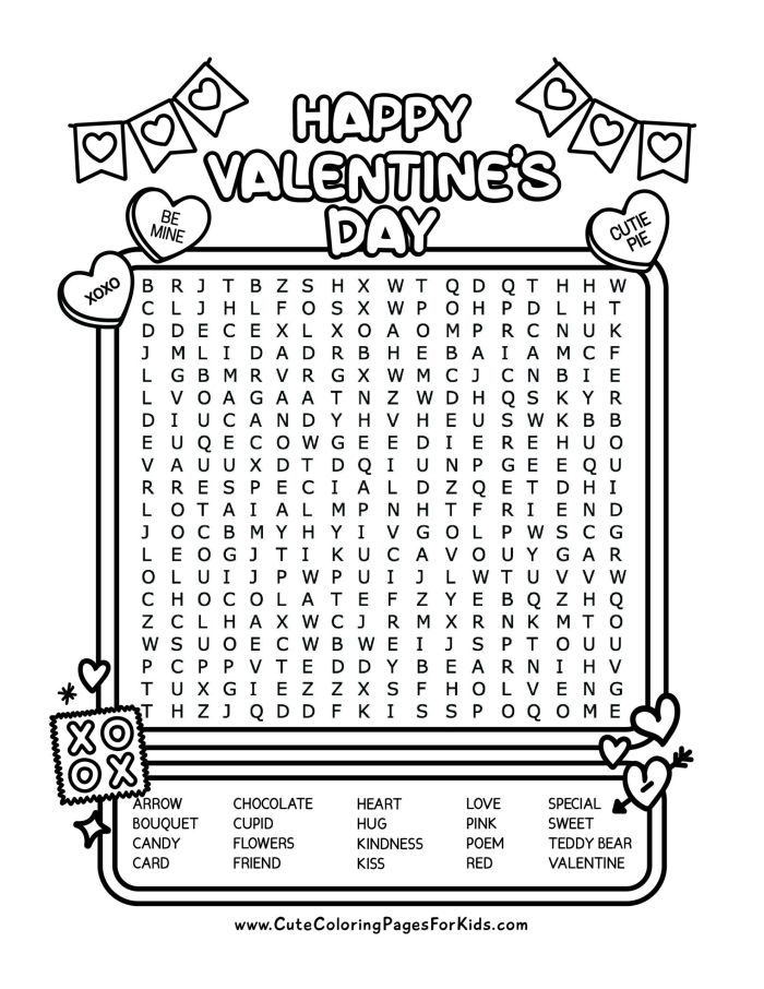 Valentine's Day word search puzzle worksheet for fourth graders featuring a word bank