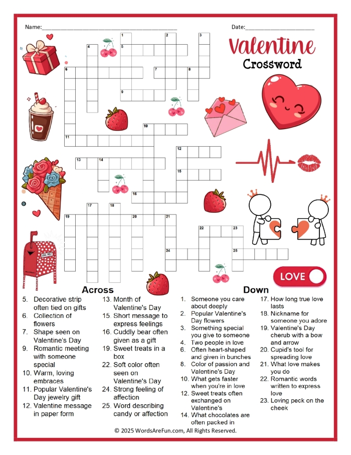 Valentine's Day word search puzzle worksheet for fourth graders featuring 23 themed words to find and circle