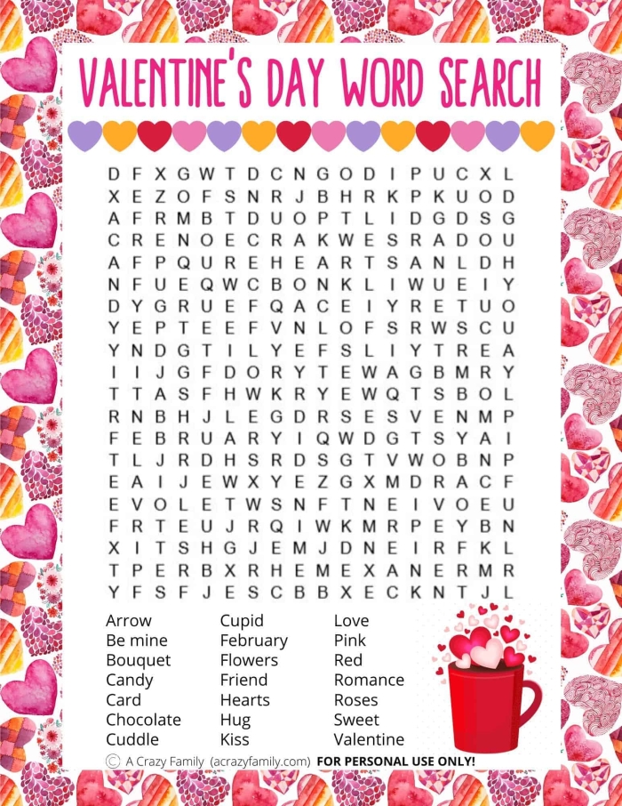 Valentine's Day word search puzzle worksheet for fourth graders featuring 23 themed words to find. Engaging Valentine's Day activity for students to enhance vocabulary skills.
