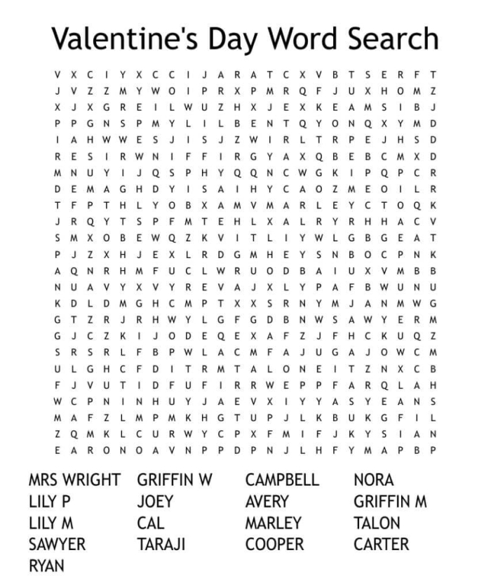 Valentine's Day word search worksheet for third graders to enhance vocabulary skills