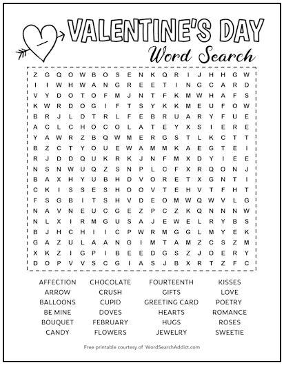 Valentine's Day word search puzzle for fourth graders featuring 23 festive terms to find and circle. Engaging Valentine's Day worksheet for learning and fun.