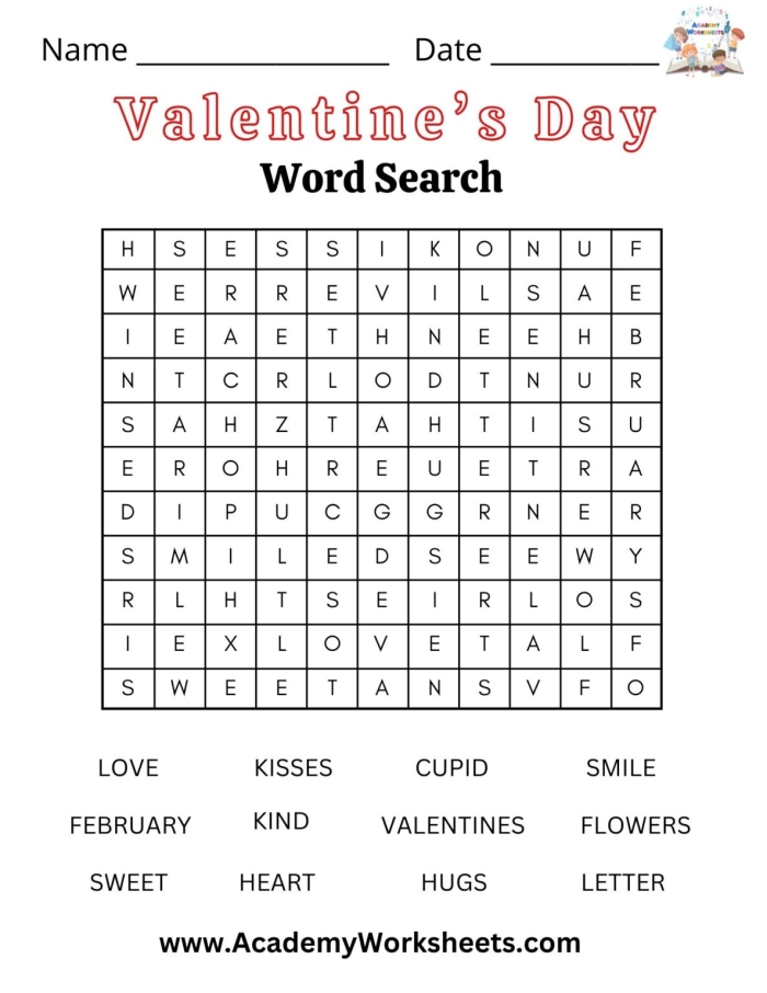 Valentine's Day Word Search worksheet for third graders to enhance vocabulary skills