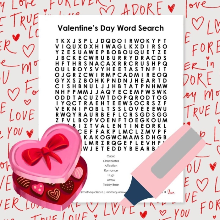 Fourth grade students using a Valentine's Day word search puzzle worksheet to find 23 holiday words