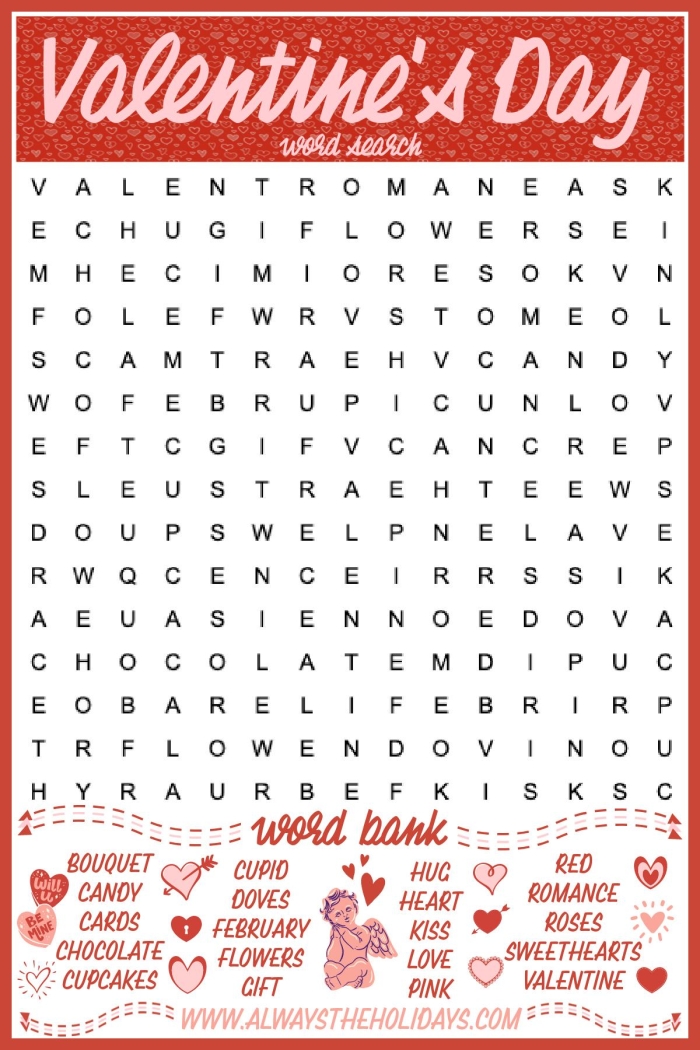 Valentine's Day word search worksheet for third graders to enhance vocabulary skills