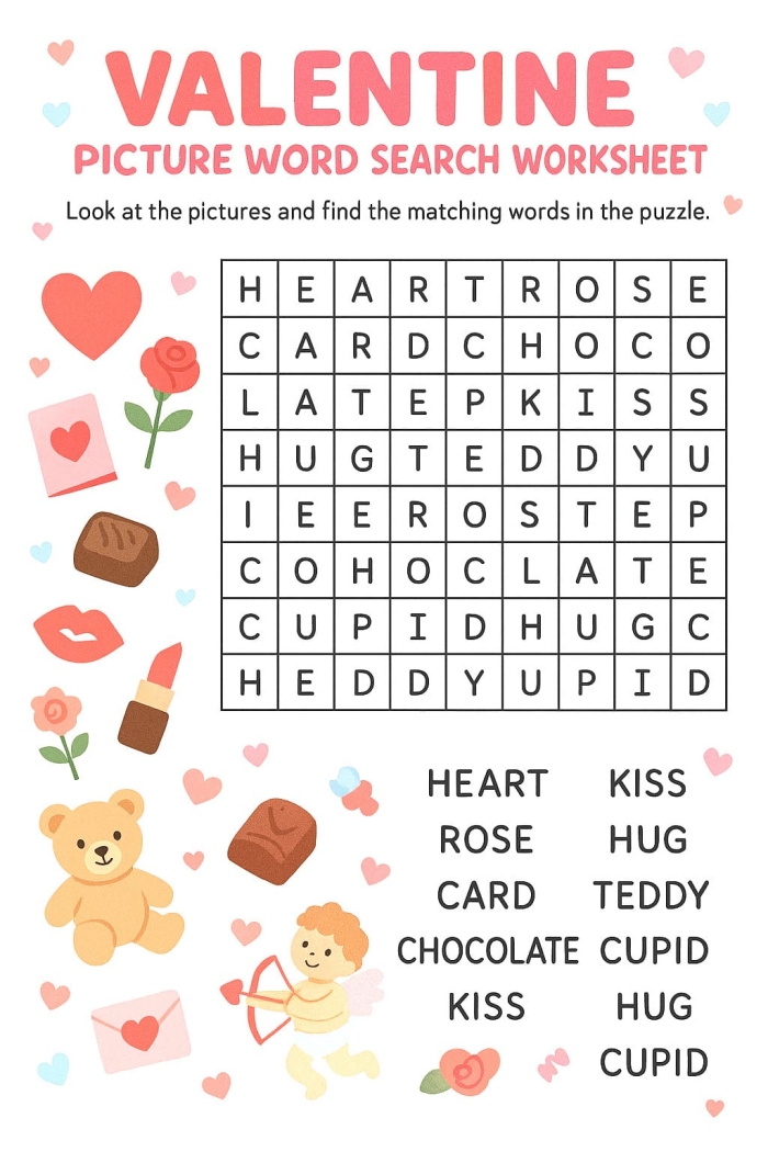 Valentine's Day Word Search worksheet for third graders helping students enhance their vocabulary