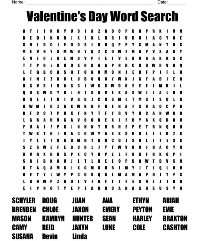 Valentine's Day Word Search worksheet for third graders featuring themed vocabulary words