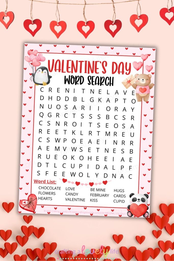 Valentine's Day Word Search worksheet designed for third graders to enhance vocabulary skills