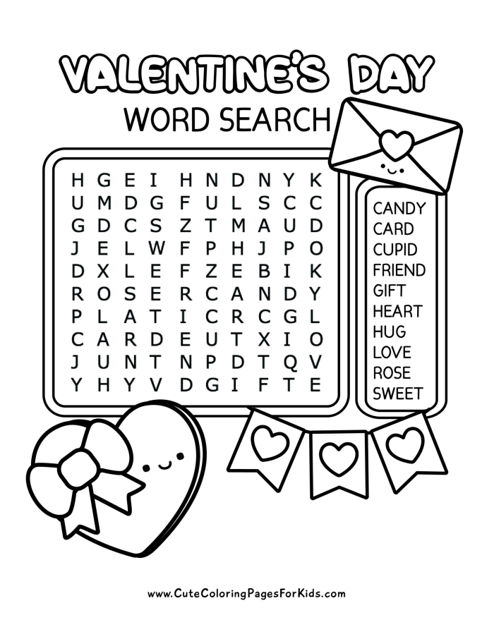 Valentine's Day Word Search worksheet for third graders to enhance vocabulary skills
