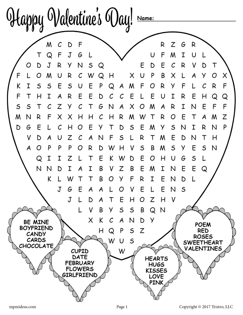 Valentine's Day Word Search worksheet for third graders to enhance vocabulary skills