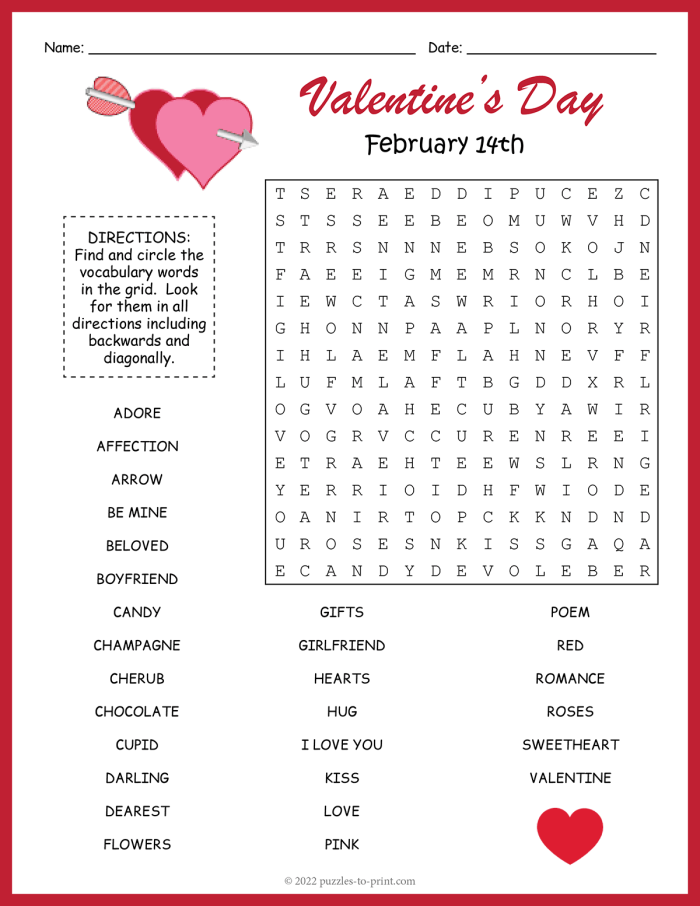 Colorful Valentine's Day word search puzzle for fourth graders featuring 23 themed words to find. Engaging Valentine's Day worksheet for students to enhance vocabulary skills.
