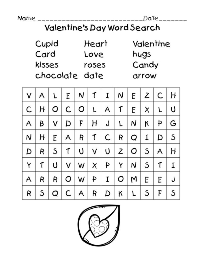 Valentine's Day Word Search worksheet for third graders to enhance vocabulary skills