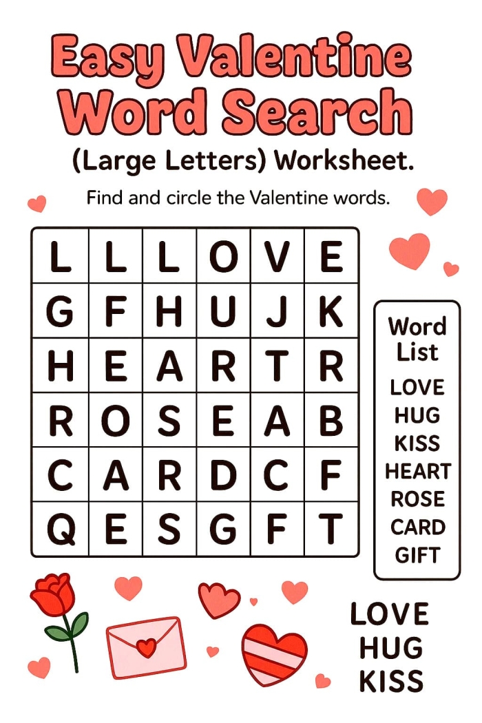 Valentine's Day Word Search worksheet for third graders to enhance vocabulary skills