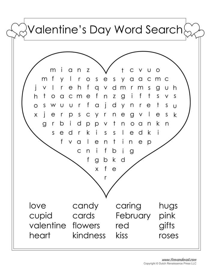 Valentine's Day Word Search worksheet designed for third graders to enhance vocabulary skills