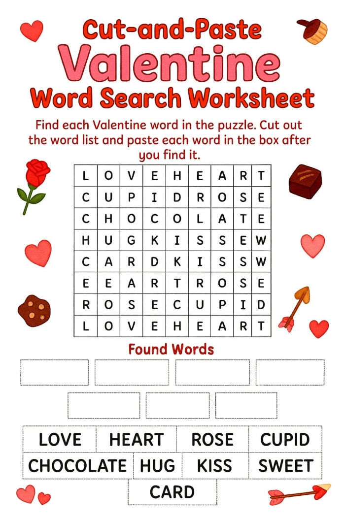 Valentine's Day Word Search worksheet for third graders to enhance vocabulary skills