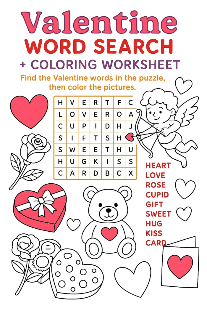 Valentine's Day Word Search worksheet for third graders to enhance vocabulary skills