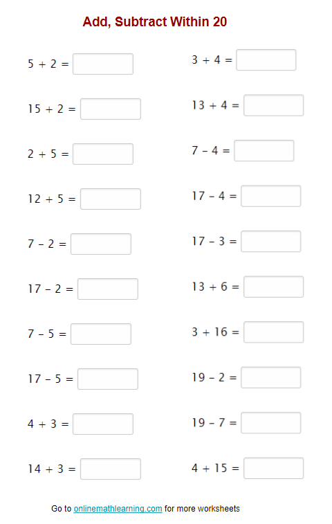 Valentine's themed worksheet image 10 for practicing basic addition and subtraction skills First grade Valentine's Day math puzzle showing addition and subtraction problems within 20 with heart decorations